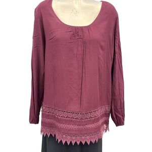 Ariat‎ Womens XL Long Sleeve Burgundy Blouse Top Lace Trim Western